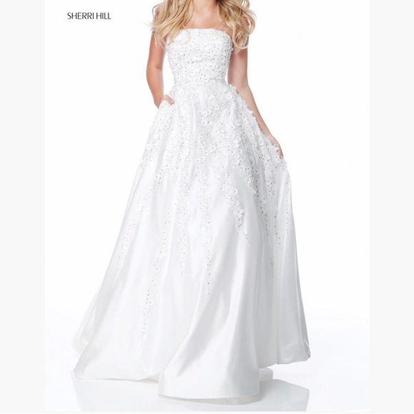 Sherri Hill Style #51817 POCKETS Ivory Strapless Ball Gown A-Line Pearl Floral - Picture 2 of 6